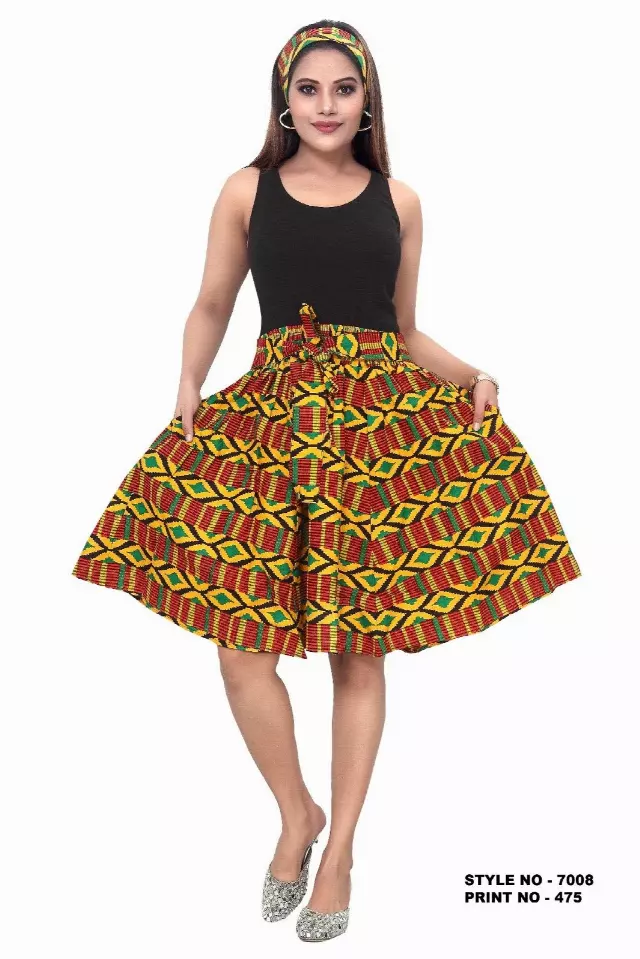 7008SK - NEW PRINTS ALERT - Elastic Short African Print Skirt - 24" - (3/pk) - Free Size - $15.00 Each — Free Size / Print-475