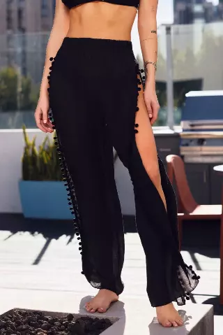 CY9001 Split Cover Up Beach Pants with Tassel Trim — Black