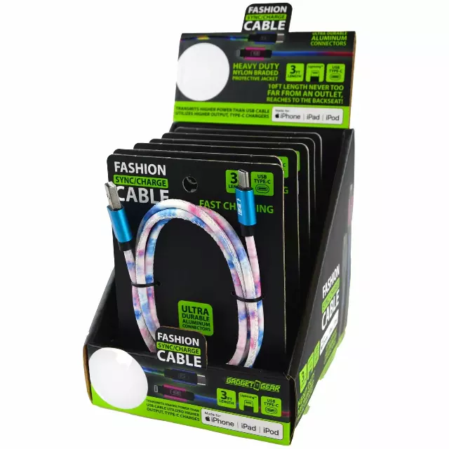 Charging Cable Color Fade Assortment 3FT - 6 Pieces Per Retail Ready Display 88352