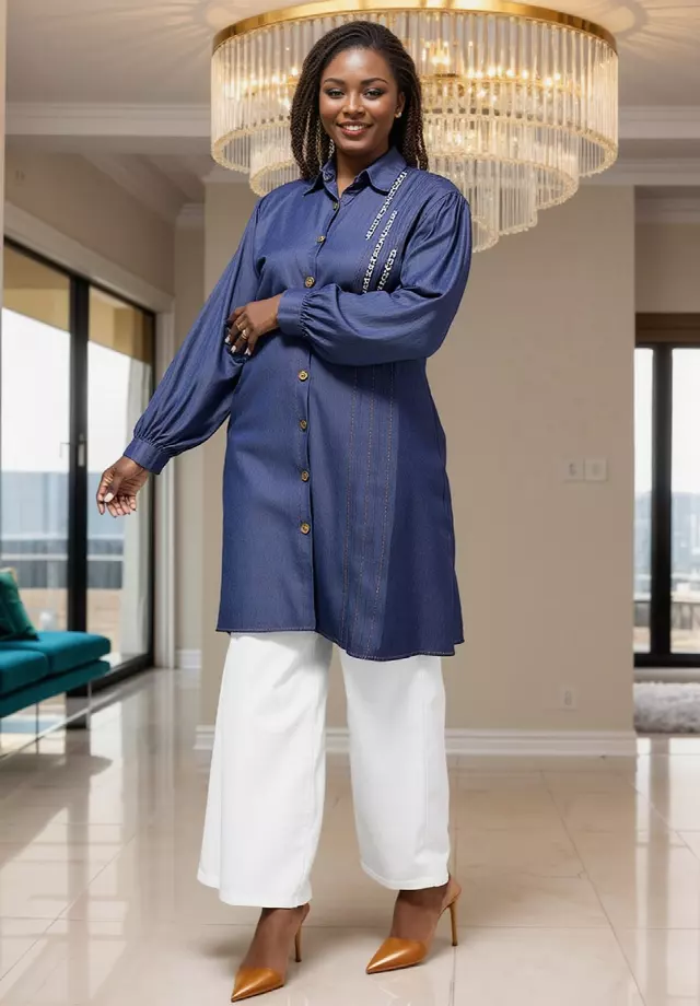 26009 - Elegant Rhinestones Button Down Shirt & Pant Set (2-Pcs Set) - $25 Each (3-Pcs Pre Pack) — Blue / (M-L-1X) 3-Pcs