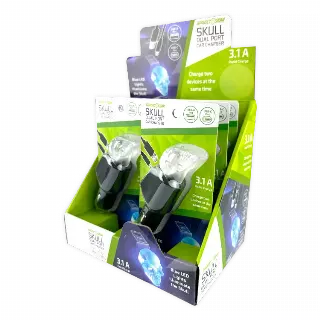 Car Charger Dual Port USB / USB-C LED Skull 3.1 Amp - 6 Pieces Per Retail Ready Display 24001
