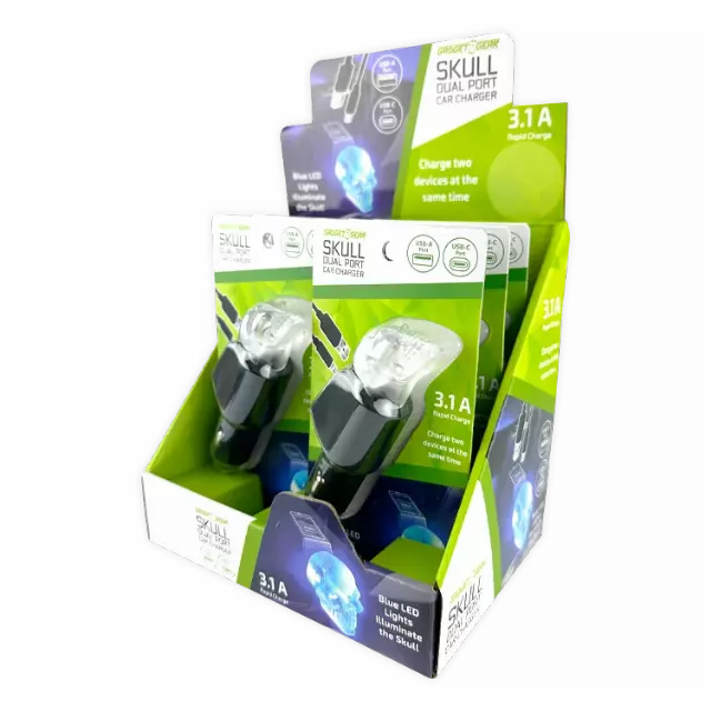 Car Charger Dual Port USB / USB-C LED Skull 3.1 Amp - 6 Pieces Per Retail Ready Display 24001