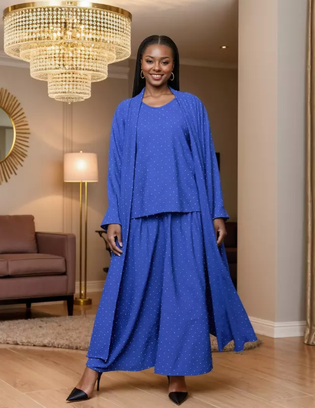 26029 - Women's Long Sleeves 3-Pcs Duster Set - $30 Each (2-Pcs Pre Pack) — Royal Blue / (M/L) + (XL/XXL) 2-Pcs