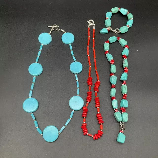 Southwestern Style Turquoise & Coral Tone Costume Jewelry Lot Necklaces Bracelet