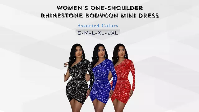 Chicaluv Wholesale - Women's One-Shoulder Rhinestone Bodycon Mini Dress – Long Sleeve Glitter Wrap Party Dress