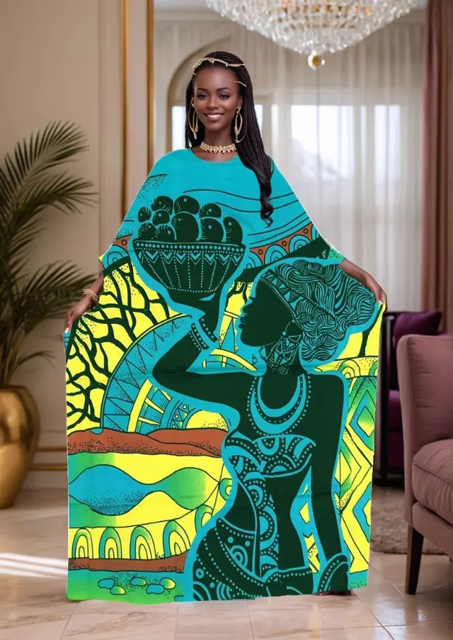 PNA-1630 - Women's Comfy Kaftan Dress with Headwrap- One Size (6-PCS PRE-PACK) - $7 Each — One Size (4-24) / Print-1630C
