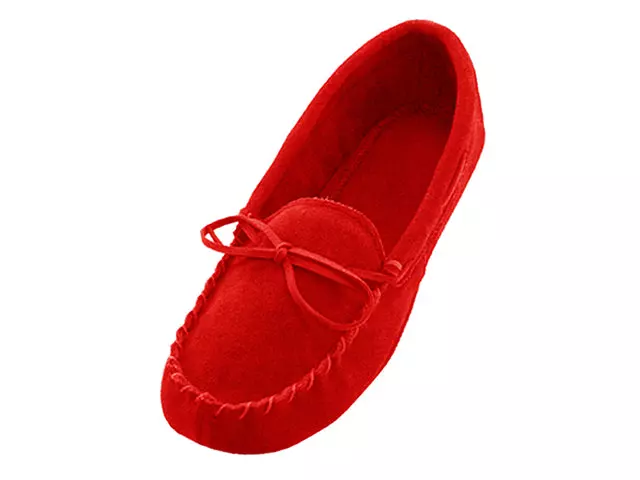 W080003 - Women's "Easy USA" Insulated Leather Upper Moccasins House Slipper — Red (W080003-R) / 6-11 Assorted
