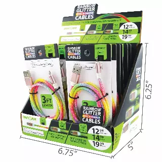 Charging Cable Rainbow Assortment 3FT - 12 Pieces Per Retail Ready Display 88274