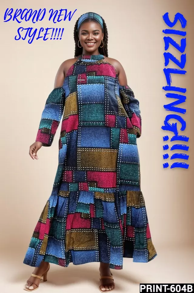 7812- Cold-Shoulder Authentic African Long Dress (3 PCS PRE-PACK) - $20.00 EACH — One Size (4 - 24) / Print-604B