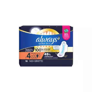 ALWAYS ULTRA THIN OVERNIGHT PADS WITH WINGS, SIZE 4,16 CT CASE PK 12