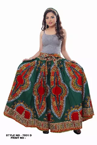 7001D - 8 Panel Dashiki Print Skirt - Authentic African Wax (3-PCS PRE-PACK) - $25 Each — One Size (4-18) / GREEN / 3-Pcs Per Pack