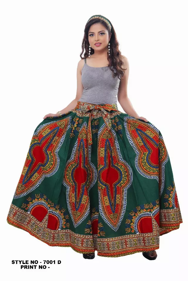 7001D - 8 Panel Dashiki Print Skirt - Authentic African Wax (3-PCS PRE-PACK) - $25 Each — One Size (4-18) / GREEN / 3-Pcs Per Pack