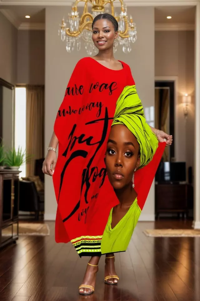 PNA-1637 - Women's Comfy Kaftan Dress with Headwrap- One Size (6-PCS PRE-PACK) - $7 Each — One Size (4-24) / Print-1637A
