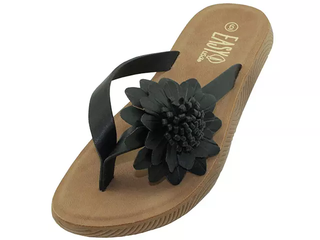 W5223L - Women's "Easy USA" Flower Upper Soft Sandals — Black (W5223L-B) / 6-11 Assorted