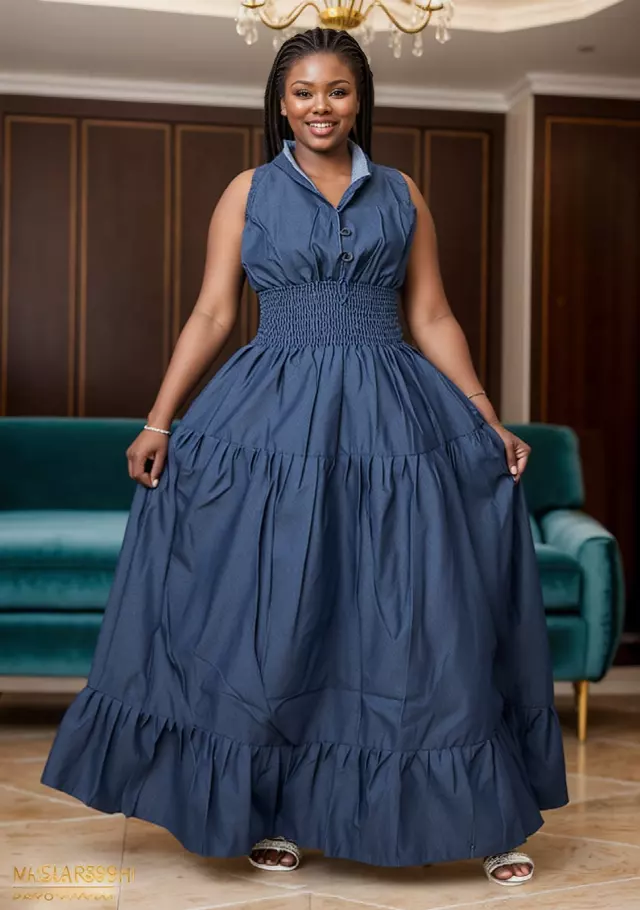 5005 - NEW PRINT ALERT!!! Three Button Authentic African Long Dress (3 PCS PRE-PACK) - $20.00 EACH — One Size (4 - 24) / Print-Denim