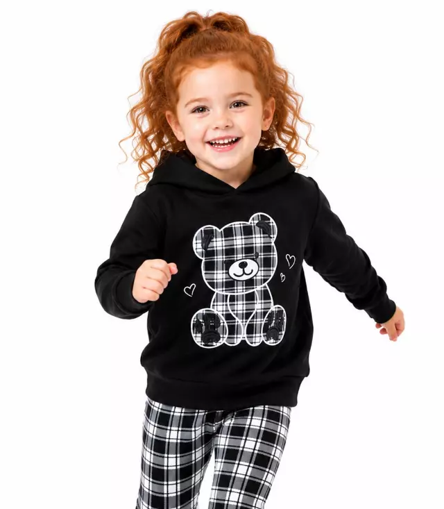 GIRLS PINK Plaid Teddy Bear Hooded Fleece Plaid Legging Set-7308402