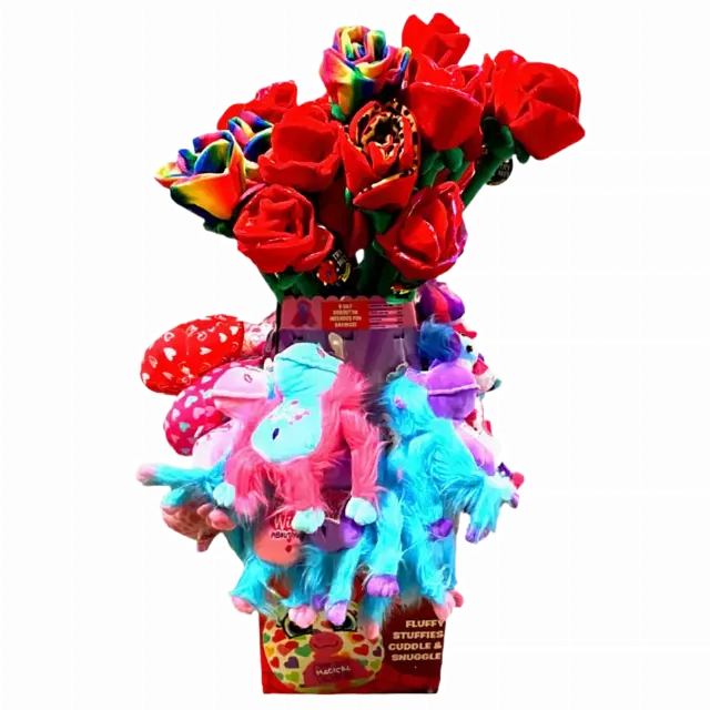Valentines Day Plush Rose Assortment Floor Display - 50 Pieces Per Retail Ready Display Kit 88429