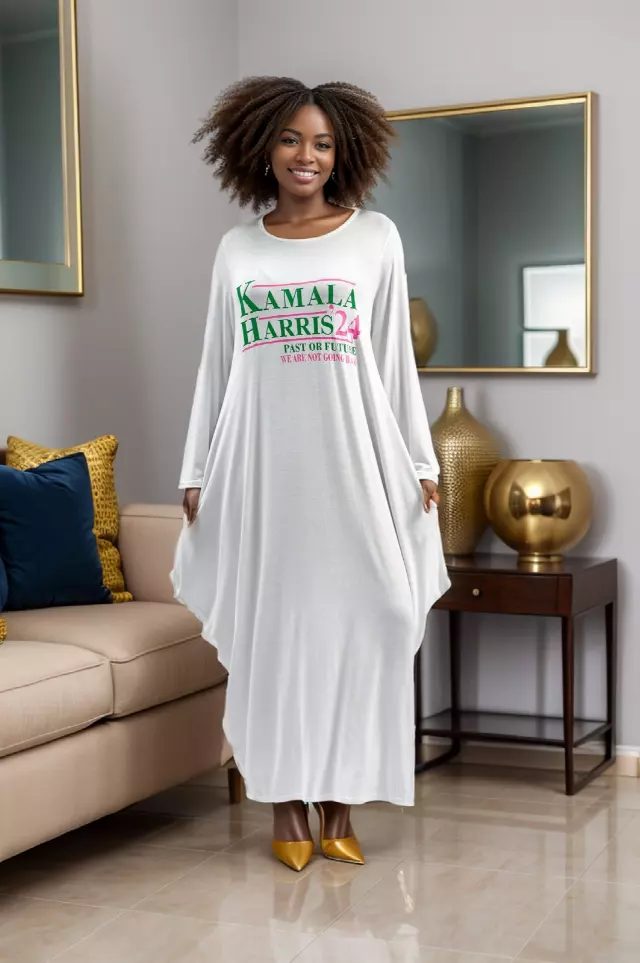 24036- CLOSEOUT!! "Kamala Harris" Maxi Balloon Dress - Past Or Future - We Are Not Going Back (4 Colors) - One Size ($5 Each) — 3-Pcs PRE-PACK / White