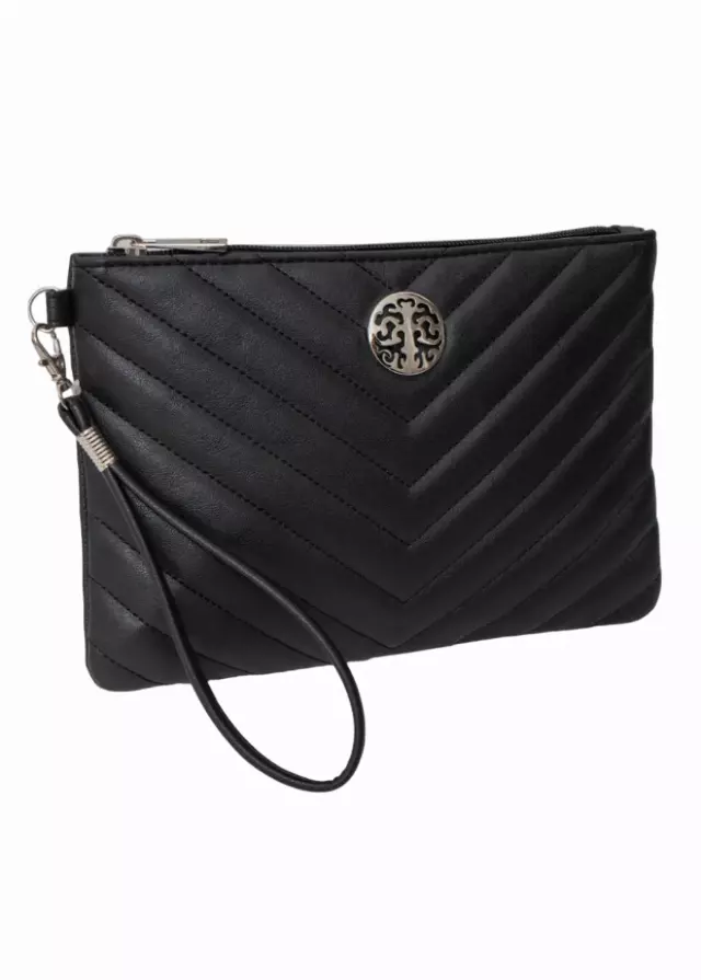 Rebecca & Rifka Smooth Chevron Quilted Medallion Zip Wristlet — BK/SIL