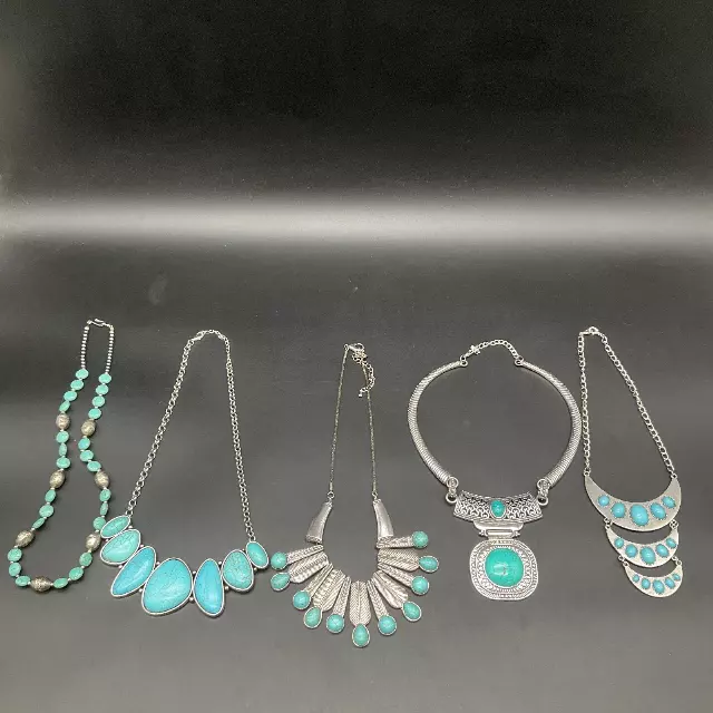 Southwestern Style Faux Turquoise Silver Tone Necklace Jewelry Lot of 5