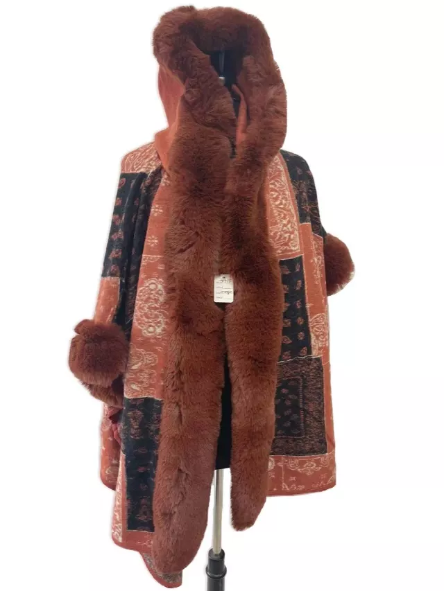 TX515 Faux Fur Cape with Hoodie — Orange