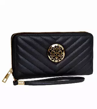 Rebecca & Rifka Smooth Chevron Quilted Medallion Zip Wristlet Wallet — BK/GD