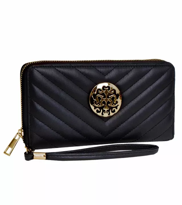 Rebecca & Rifka Smooth Chevron Quilted Medallion Zip Wristlet Wallet — BK/GD