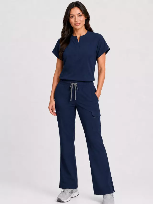 Rhea | Mandarin Collar Top with 10-Pocket Boot Cut Pant Set — Navy / 2XL