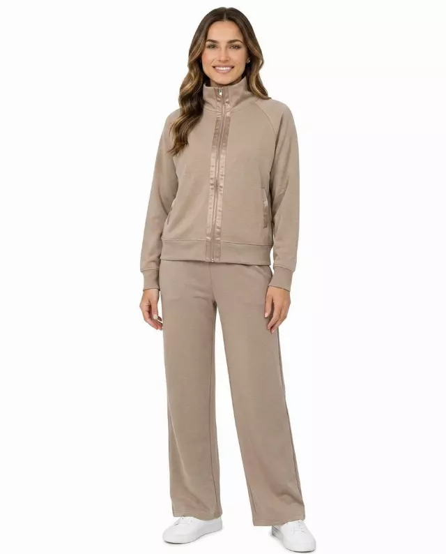 2pc Modal Lounge Set with Satin Ribbon and PearlZipper — Taupe / S-M-L-XL