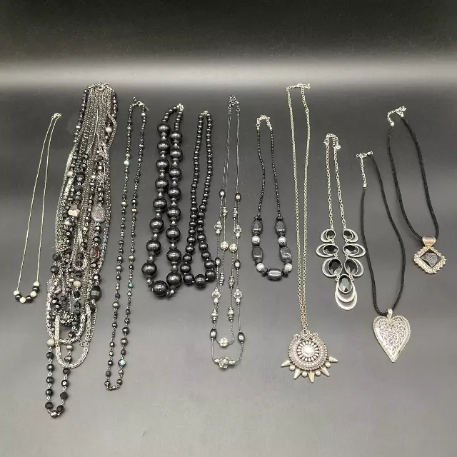 Mixed Costume Fashion Jewelry Lot 11 Necklaces Black Silver Tone Statement