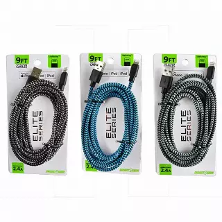 Charging Cable Elite Cloth USB to Lightning 9FT 2.4 Amp - 3 Pieces Per Pack 22320