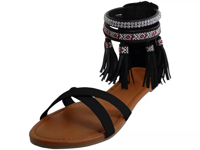 W7102L - Women's "Easy USA" Criss Cross Tassels Sandals — Black (W7102L-B) / 6-11 Assorted
