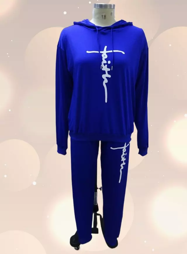 22125 -2 pcs Faith Jogging Suit -Lots of Colors Available- $25.00 Set (3 pcs per pack) — Reg - M L XL / Royal
