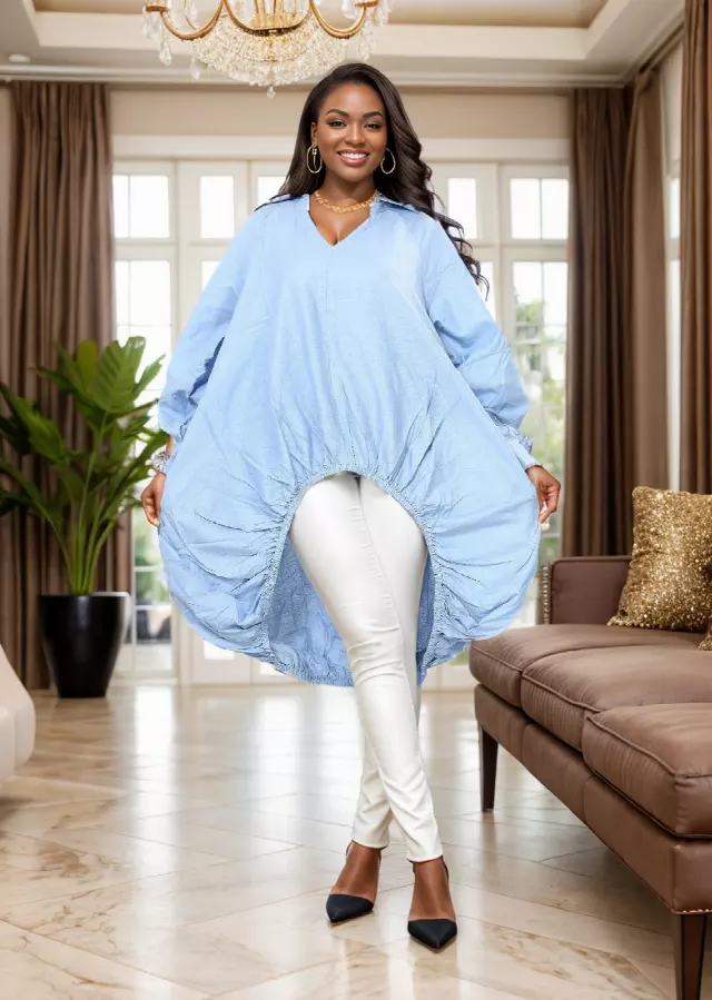 7830L - High-Low Elastic Bottom Bubble Solid Dress Authentic African Tunic Dress (3 PCS PRE-PACK) - $20.00 EACH — One Size (4 - 24) / Blue