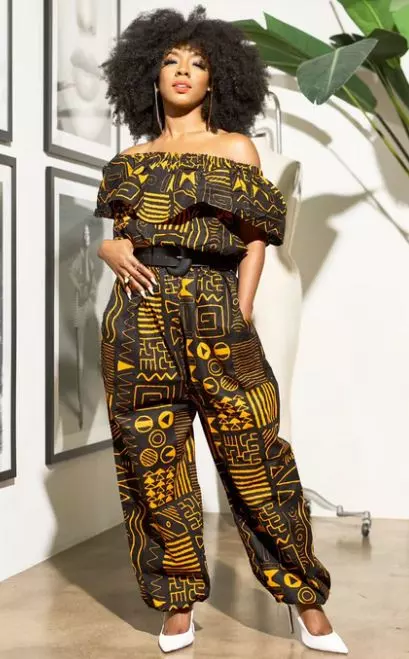 7758- Off Shoulder African Wax Jumpsuit (3 PCS PRE-PACK) - $20 Each — One Size (4 - 26) / Print-593