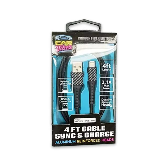 Charging Cable Carbon Fiber USB to Lightning 4FT 2.1 Amp - 3 Pieces Per Pack 24565