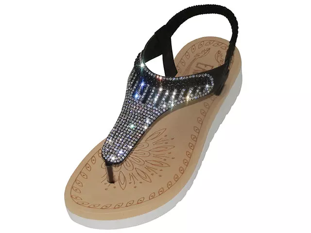 W9809L - Women's "Easy USA" Rhinestone Upper Sandals — Black (W9809L-B) / 6-11 Assorted