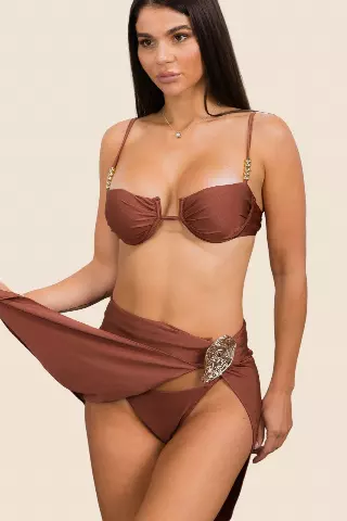 Y8855 Underwire Bikini Set with Beaded Straps and Sarong Cover-Up Three Pieces Bikini — Brown