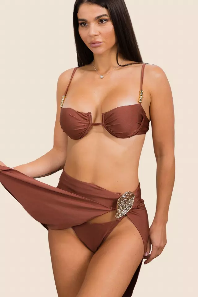 Y8855 Underwire Bikini Set with Beaded Straps and Sarong Cover-Up Three Pieces Bikini — Brown