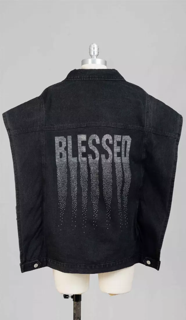 CHH-23046 - Women's "BLESSED" Button Down Classic Distressed Denim Jacket - (3 pcs PRE-PACK) ($35 Each) — Plus Size / Black