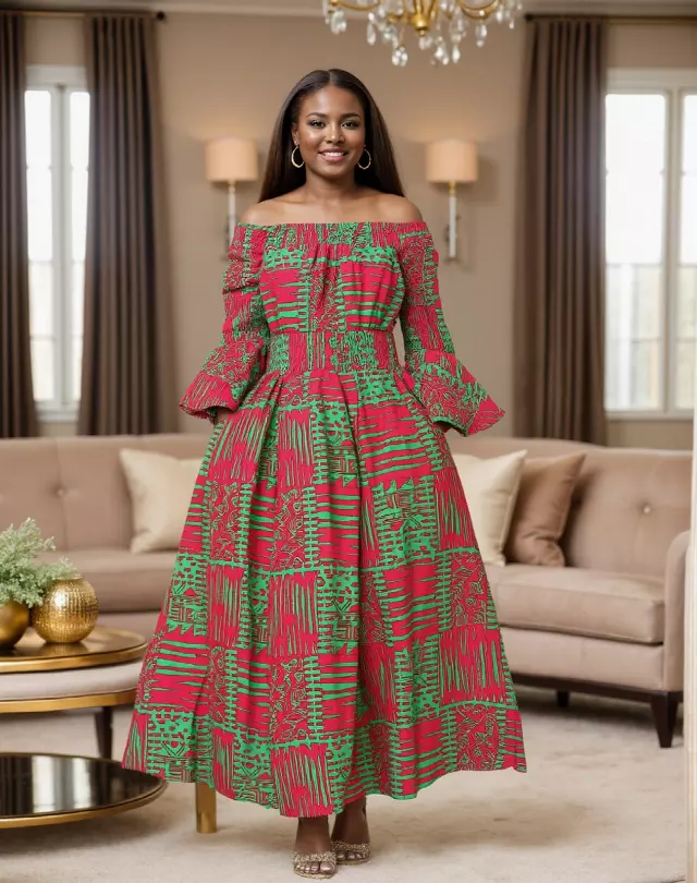 7556 -NEW PRINTS ALERT!!!! Off Shoulder Maxi Dress in Ankara Prints - $25.00 Each (3 pcs per pack) — Free Size / Print-659B