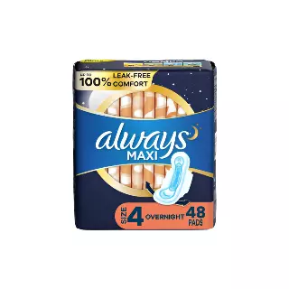 Always Maxi Overnight Pads with Wings, Size 4, Unscented – 48ct (Pack of 6)