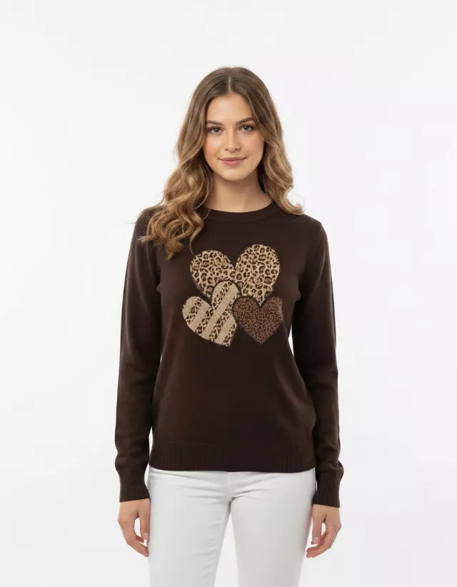 Crewneck Heart Sweater — Brown / S/M-L/XL
