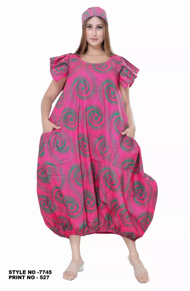 7745- Ankara Dress with Pleated Sleeve - $25.00 Each — Free Size / Print-527