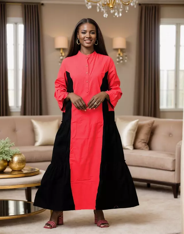 7907- Women's Ankle Length Button Down Pocketed Dress - $25.00 Each (3 pcs per pack) — Free Size / Red/Black