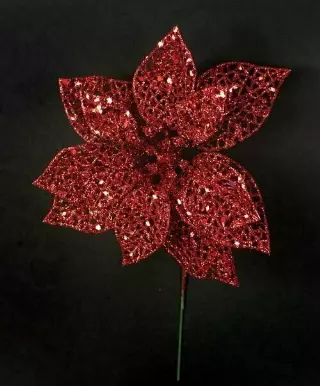XP1013red – 6” Fancy sparkle poinsettia pick “dz”
