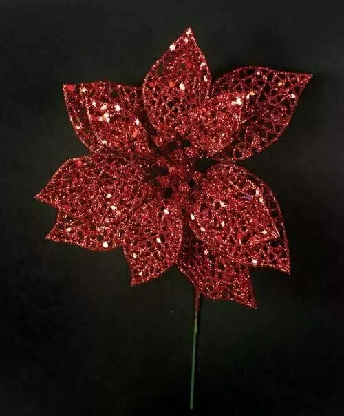 XP1013red – 6” Fancy sparkle poinsettia pick “dz”