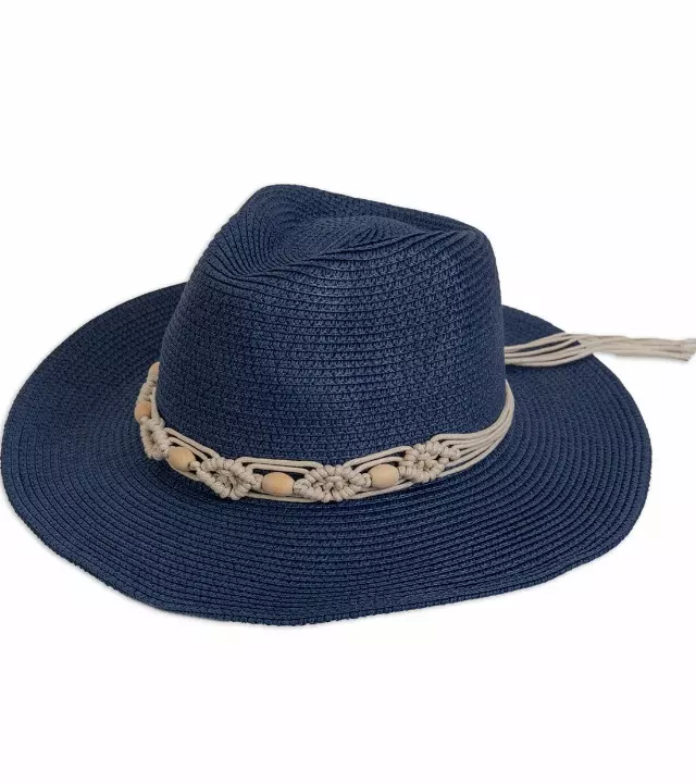 Magid Wooden Beaded Panama Straw Hat — NAVY