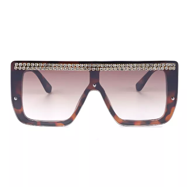 Oversized Square Flat Top Shield Sunglasses with Rhinestone Top Bar TD10816