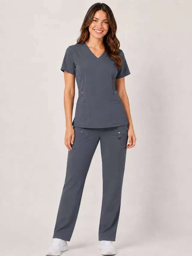Vivian | 6-Pocket Top and Snap Pocket Straight Leg Pant Set — Steel Gray / XL